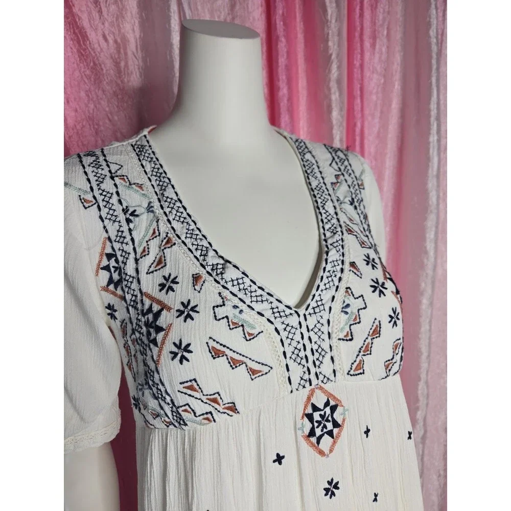 Knox Rose Ivory Boho Embroidered Cotton Lined Tiered Maxi Dress Size XS